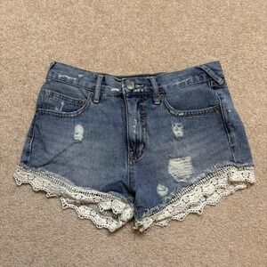 Free People Jean Shorts Womens 24 Blue Denim Lace Trim Distressed Cutoff